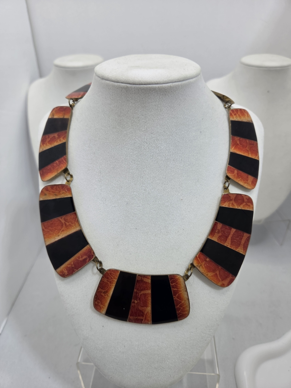 🍁🧡 Vintage Boho Terracotta & Black Striped Collar Statement Necklace 🖤✨